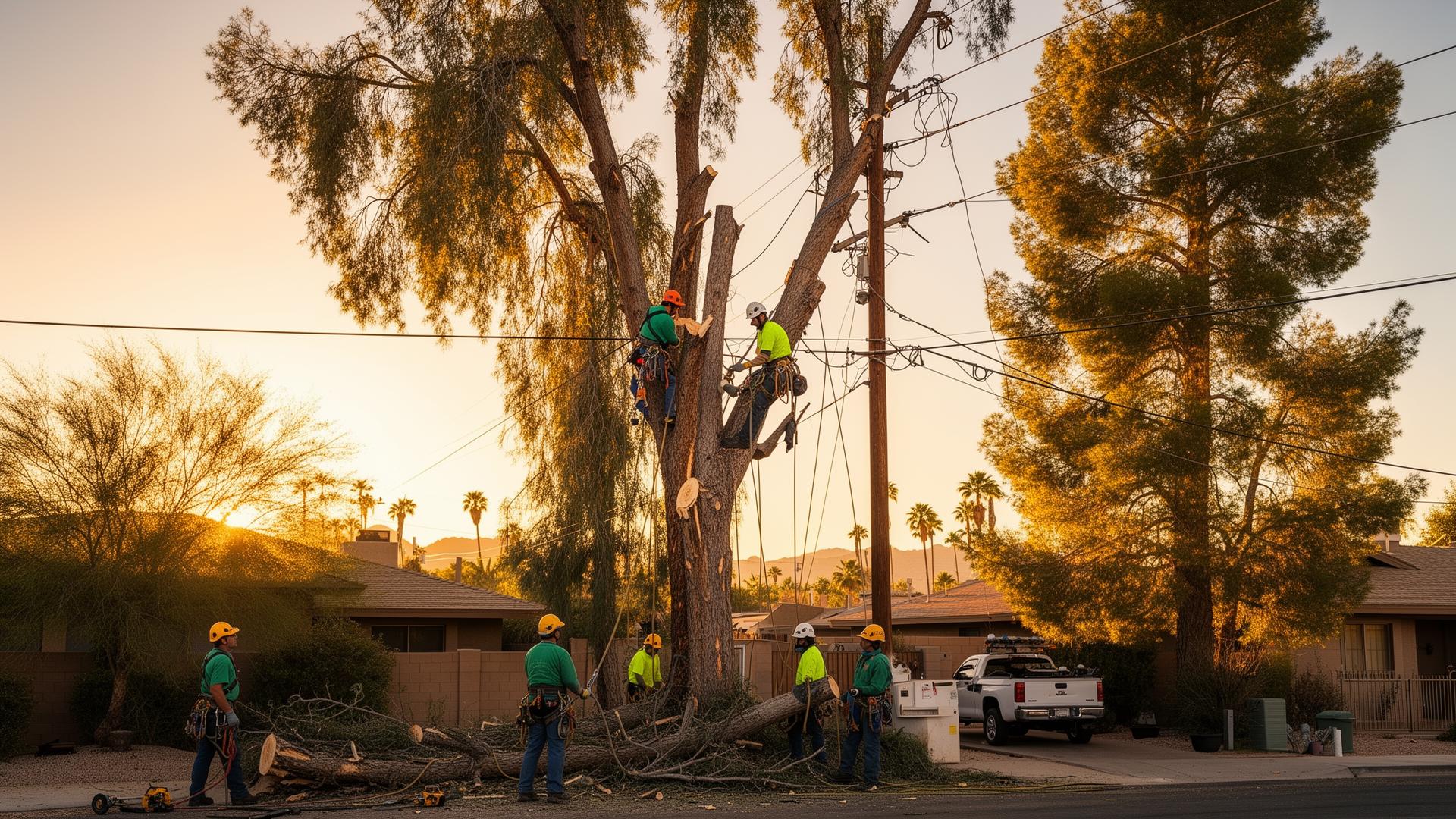 Mata Legacy certified arborists safely removing a tree near utility lines in a Phoenix Arizona neighborhood at golden hour